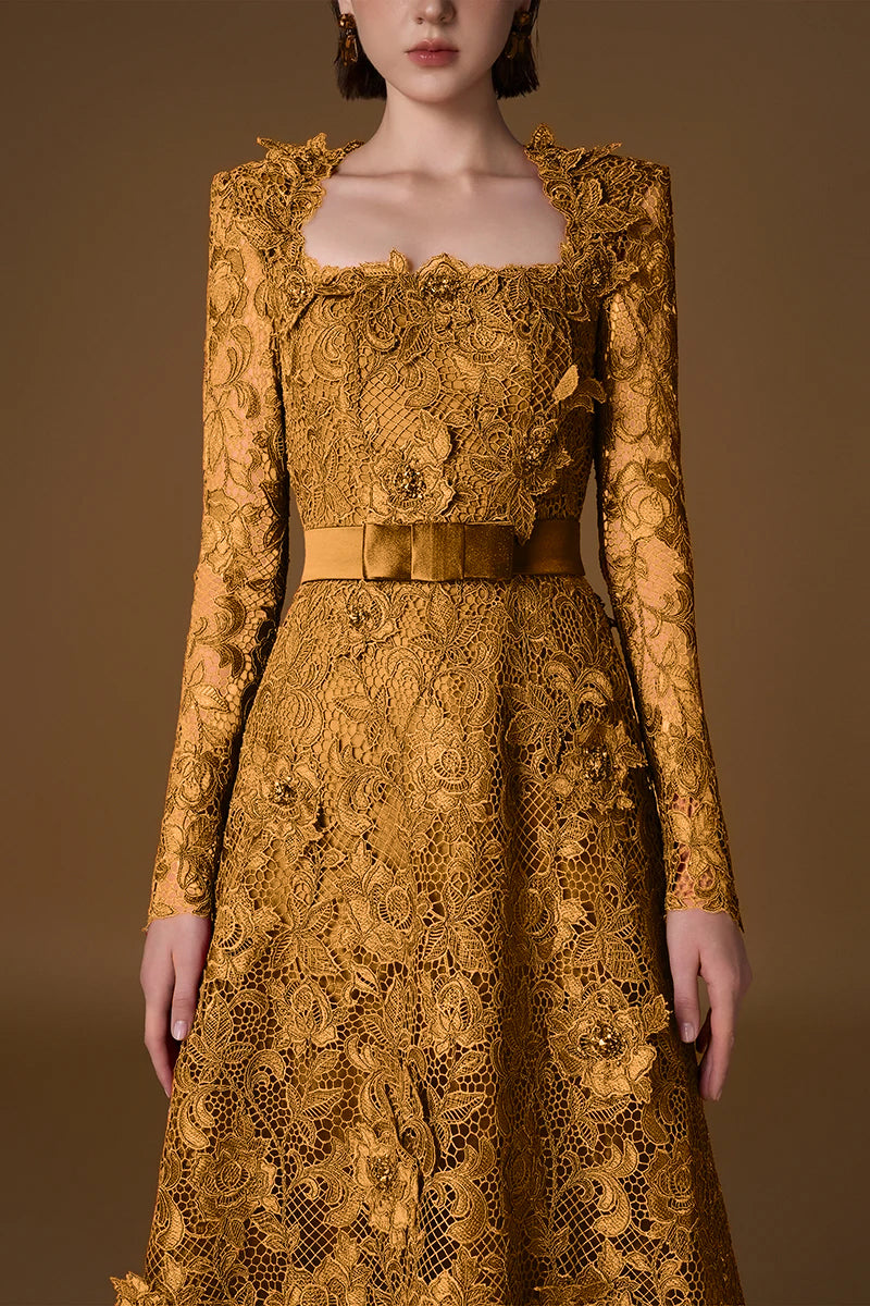 Trapeze Neck A-line Gown With Long Sleeves In Dark Gold Guipure Lace