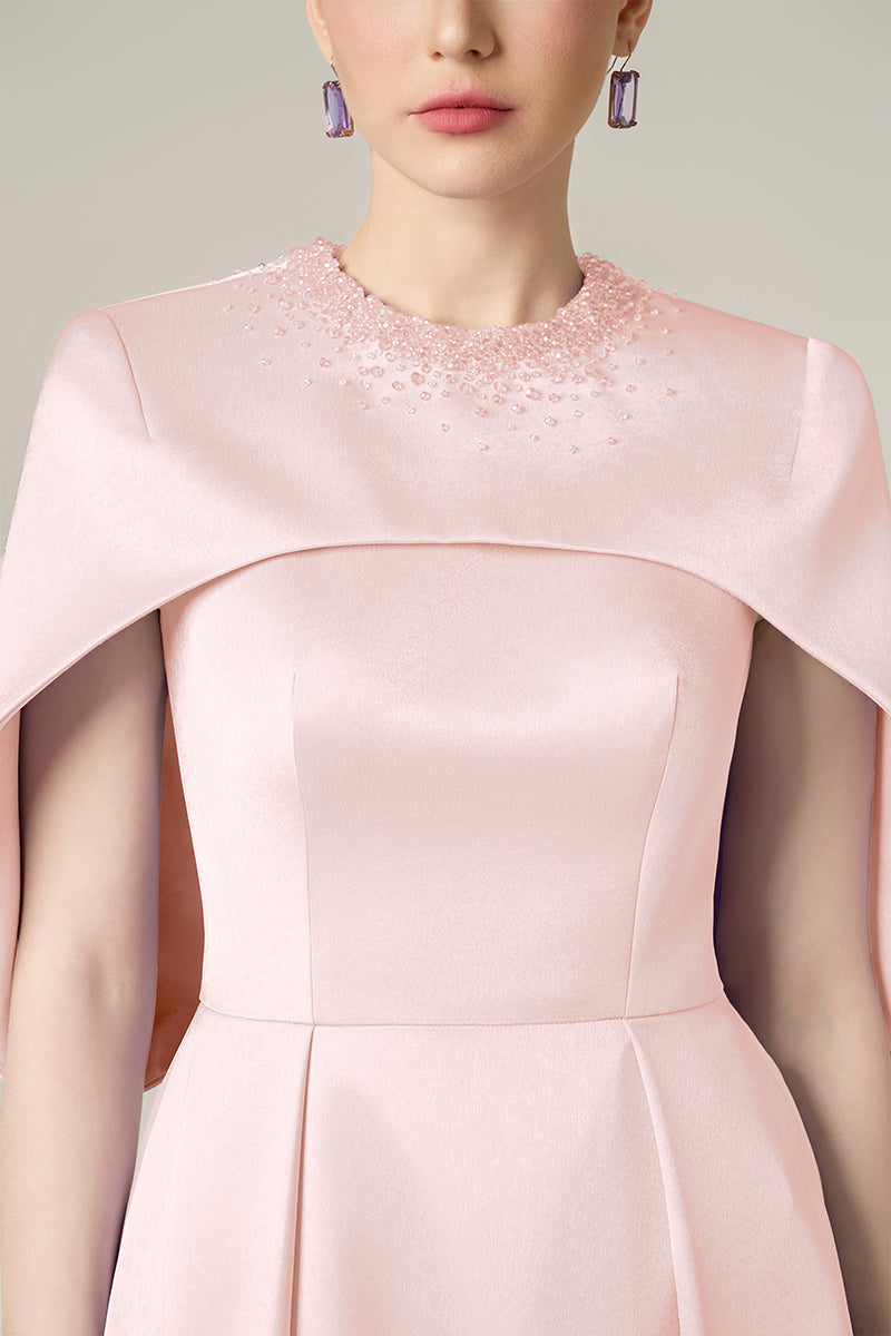 Round Neck A-Line Gown With Circular Cut Mini Cape