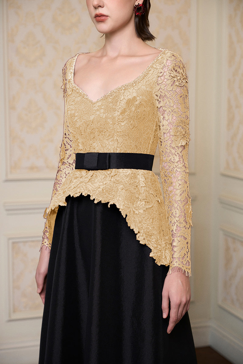 Queen Ann Neck A-Line Gown In Beige French Lace & Black Taffeta