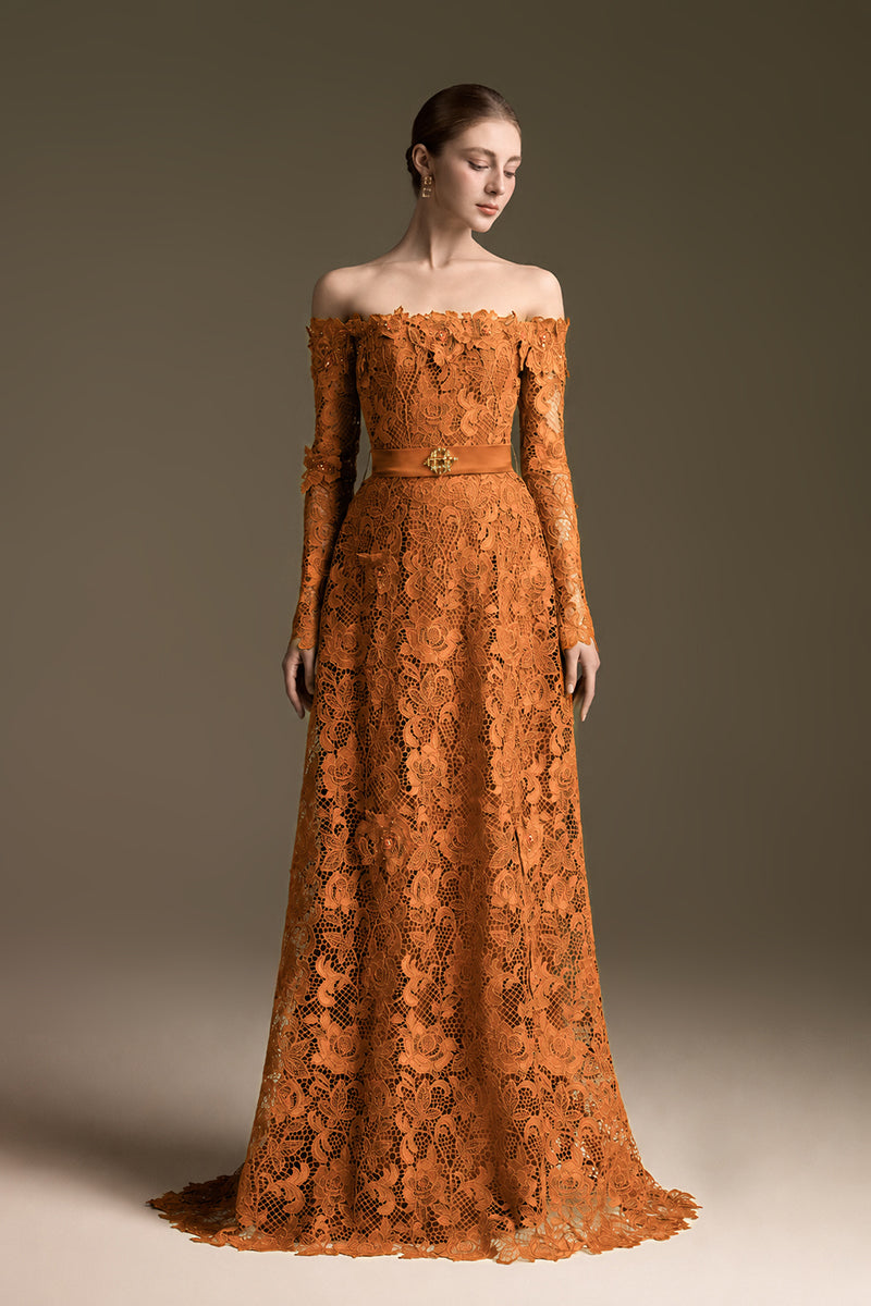 Orange Long Sleeves Off-Shoulder A-Line Gown