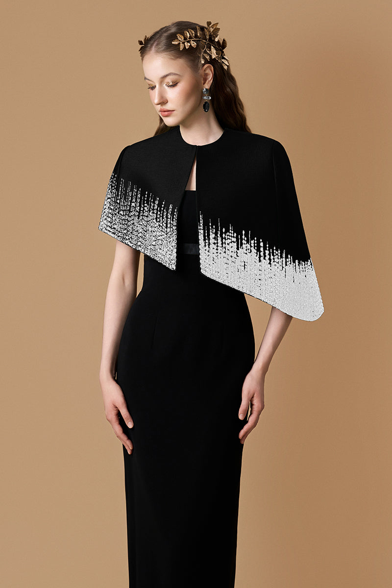 Bustier Column Gown With Mini Cape In Dark Green Taffeta & Black Crepe