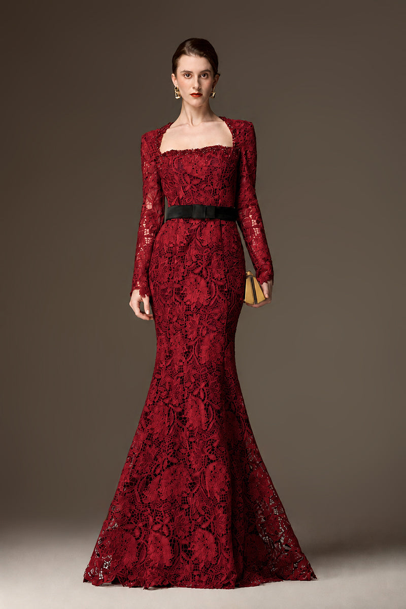 Trapeze Neck Mermaid Gown With Waist Belt In Cocoa Dark Red Lily Floral Lace