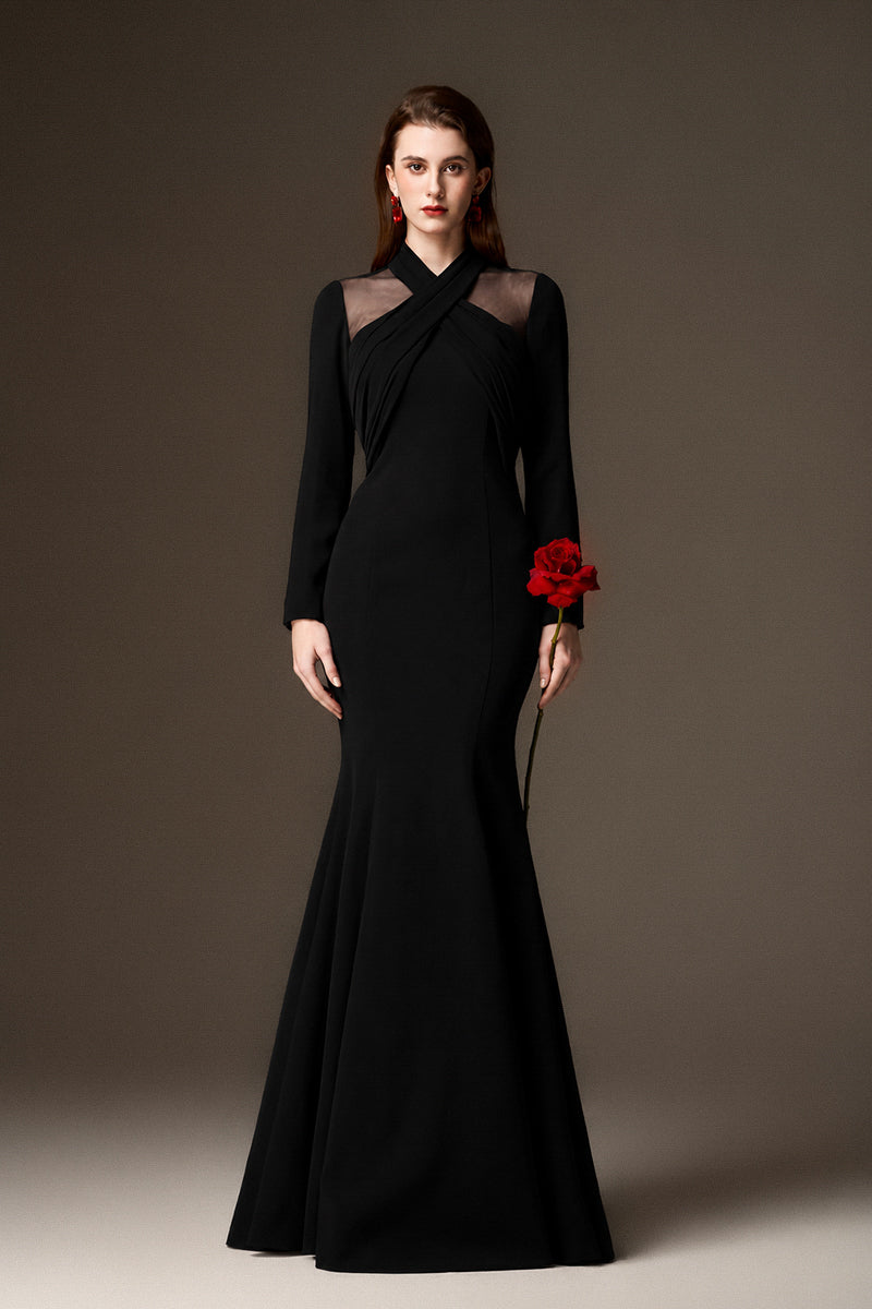 Round Neck Mermaid Gown With Draped Details In Black Crepe