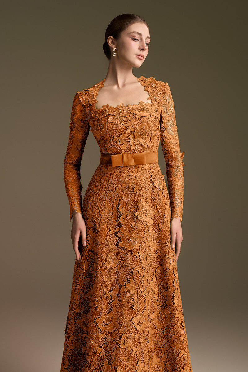 Trapeze Neck A-line Gown With Long Sleeves In Guipure Lace