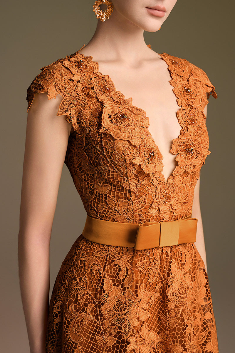 V-Neck Sleeveless A-Line Gown In Orange Guipure Lace