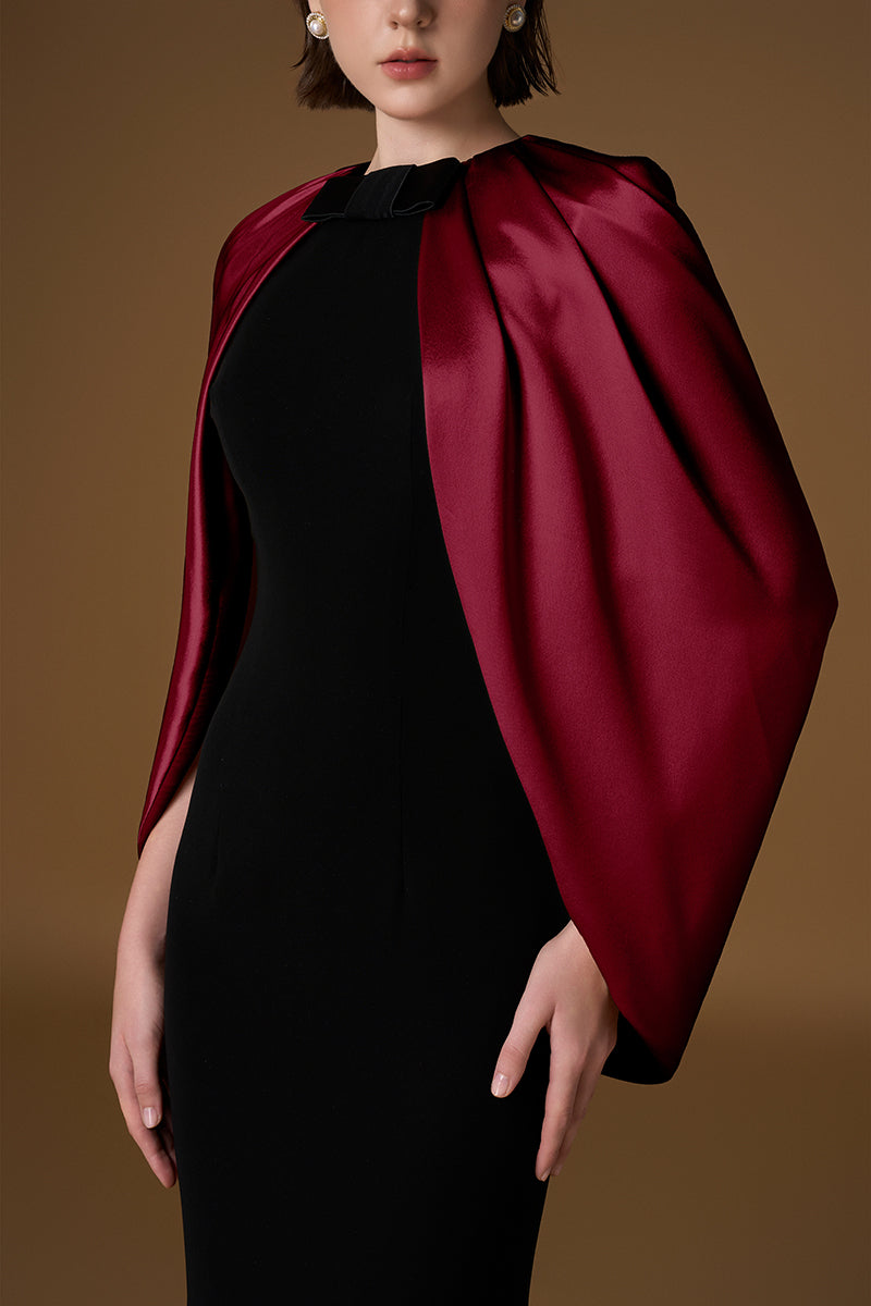 Round Neck Column Gown With Cape Sleeves In Black Crepe & Dark Red Silk