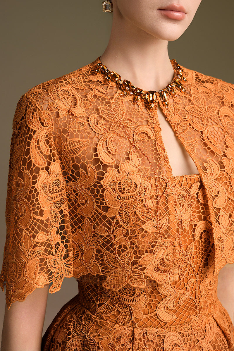 Bustier A-Line Gown With Mini Cape In Guipuire Lace