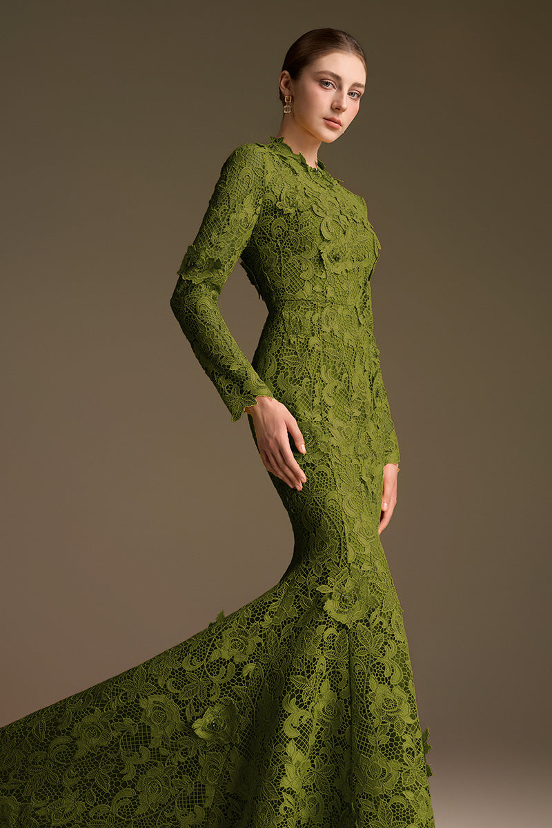 Round Neck Mermaid Gown With Long Sleeves In Green Guipure Lace