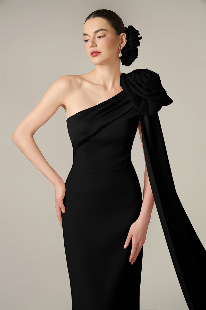 ONE SHOULDER COLUMN GOWN WITH DRAPED ROSE