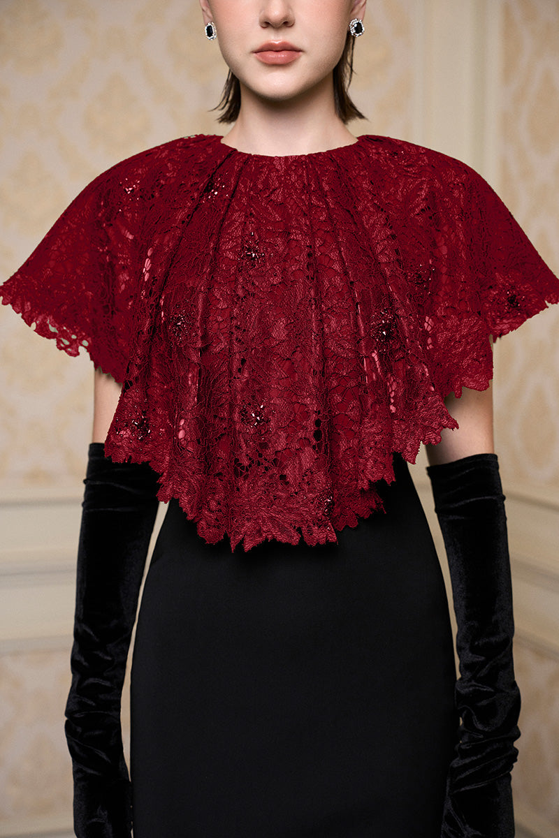 Round Neck Column Gown With Mini Cape In Dark Red French Lace & Black Crepe