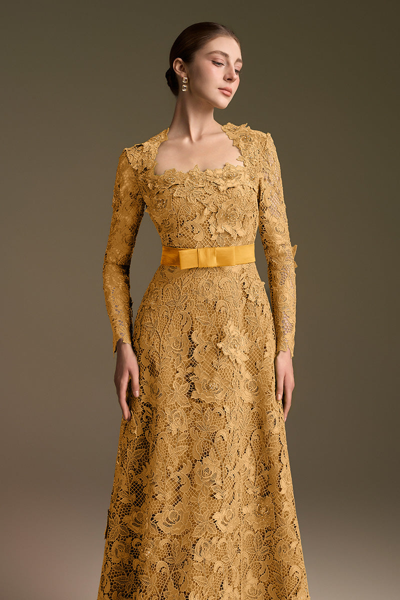 Trapeze Neck A-line Gown With Long Sleeves In Guipure Lace