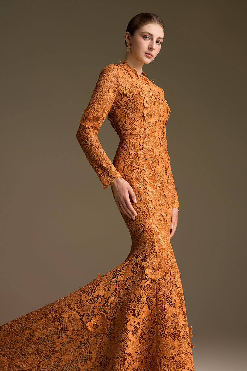 Round Neck Mermaid Gown With Long Sleeves In  Dark Orange Guipure Lace