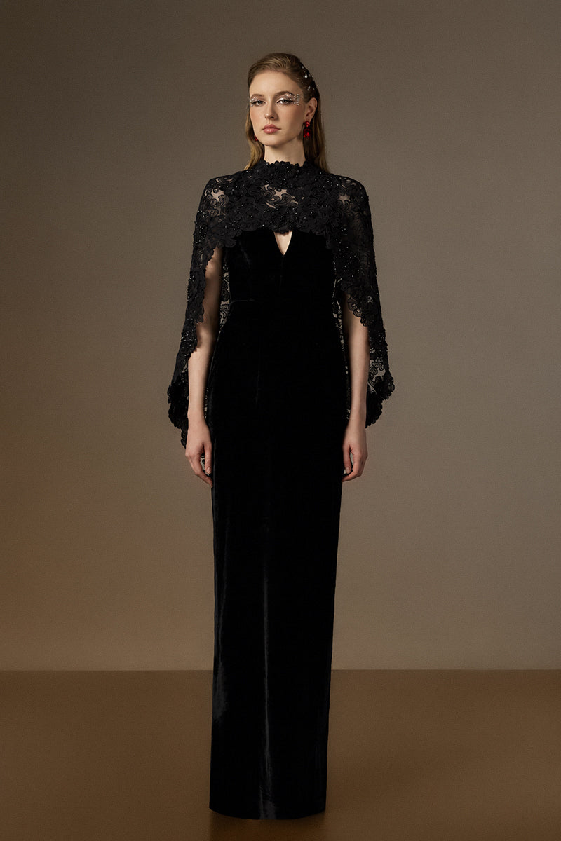 V Neck Column Gown With Mullet Cape In Black Velvet An Black Floral Garden Mesh Lace