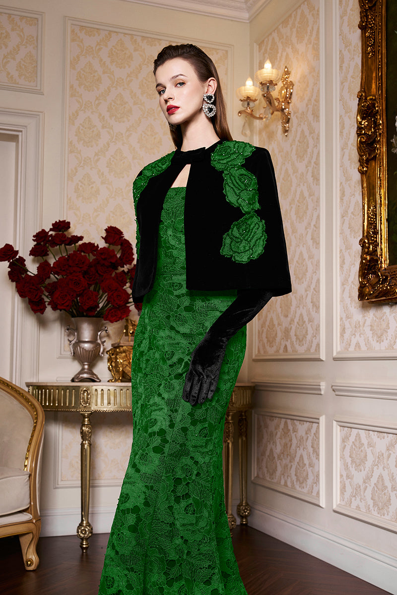 Princess Line Strapless Black Lace and Velvet Dress with Cape