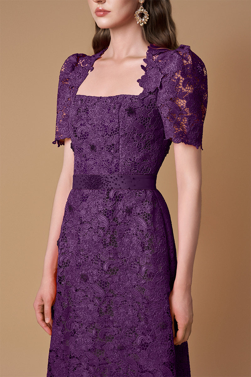 Trapeze Neck A-line Gown With Short Sleeves In Pink Guipure Lace
