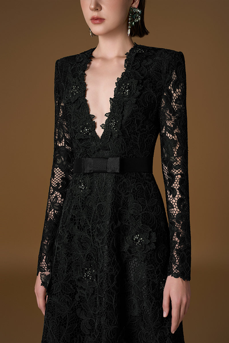 V Neck A-line Gown With Long Sleeves In Green Guipure Lace