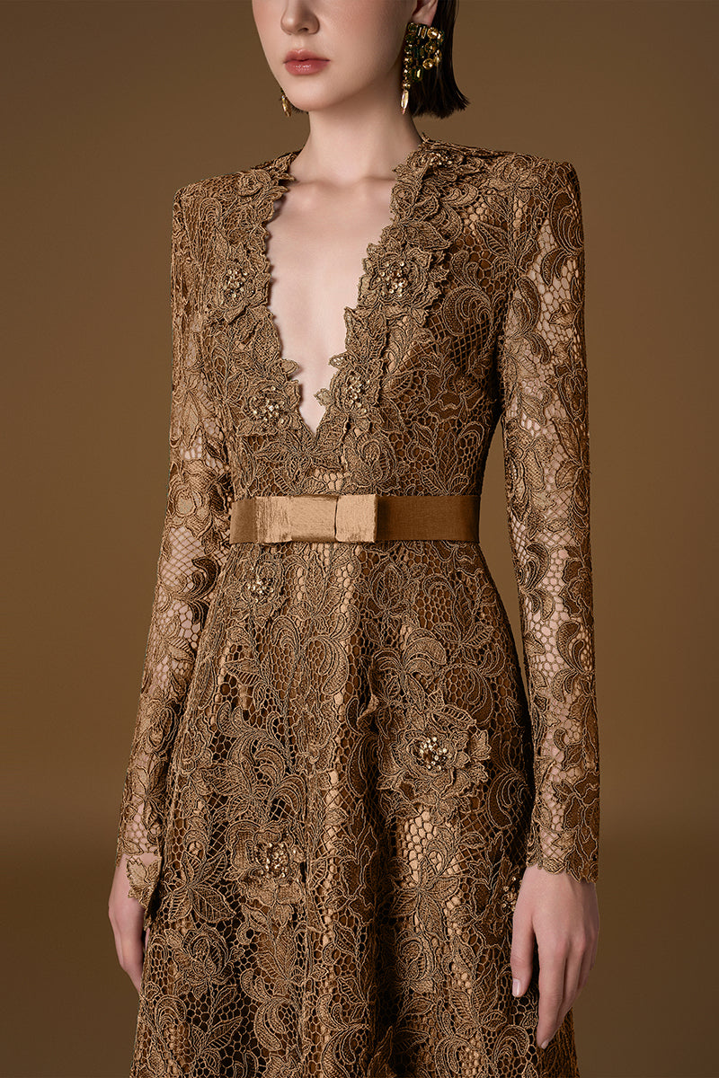 V Neck A-line Gown With Long Sleeves In Dark Gold Guipure Lace