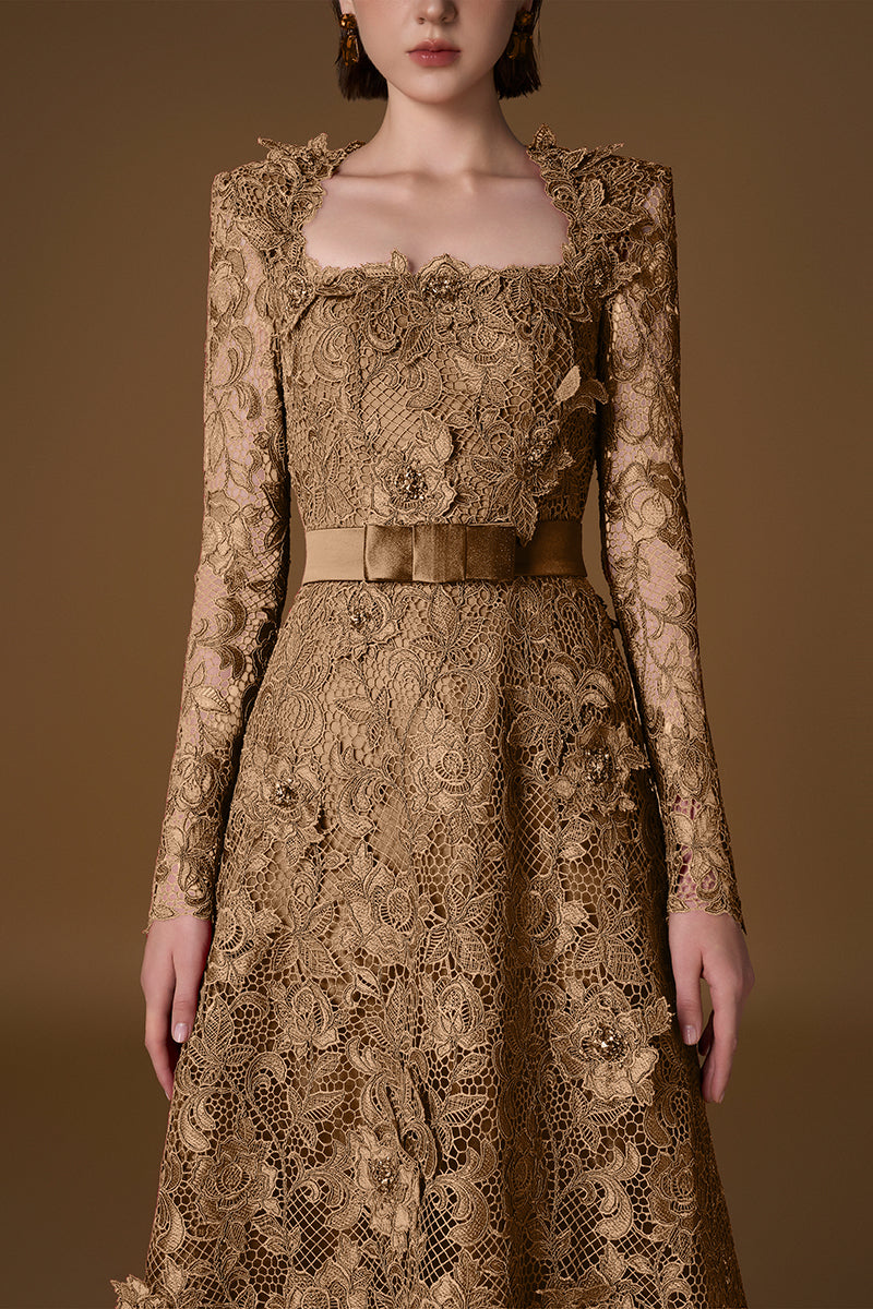 Trapeze Neck A-line Gown With Long Sleeves In Dark Gold Guipure Lace