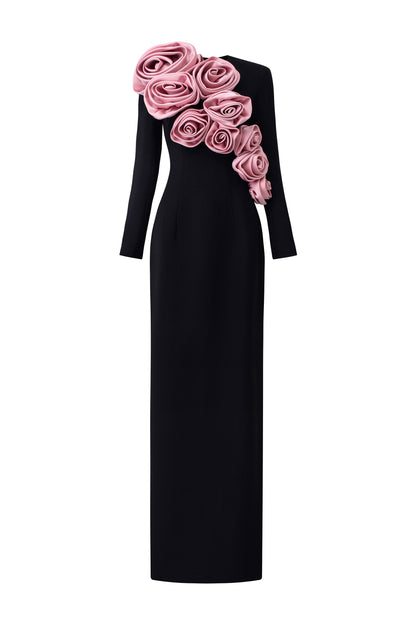 Round Neckline Velvet Crepe Dress With Drapped Roses Details