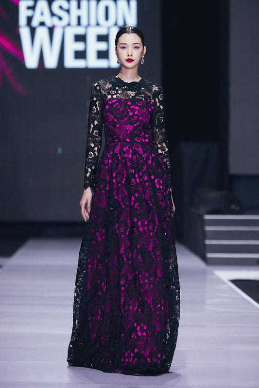 Black and Fuchsia Pleated Lace Dress