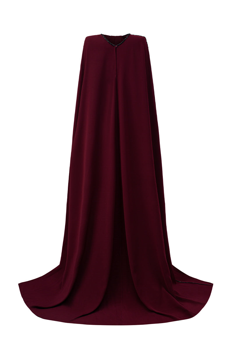 Bustier Column Gown With Long Cape In Burgundy Vine Guipure Lace & Crepe