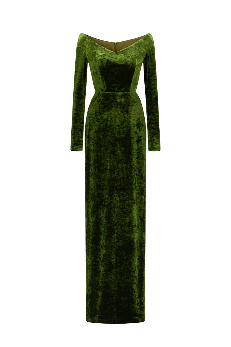 Long Sleeves Off-Shoulder Column Dress In Velvet