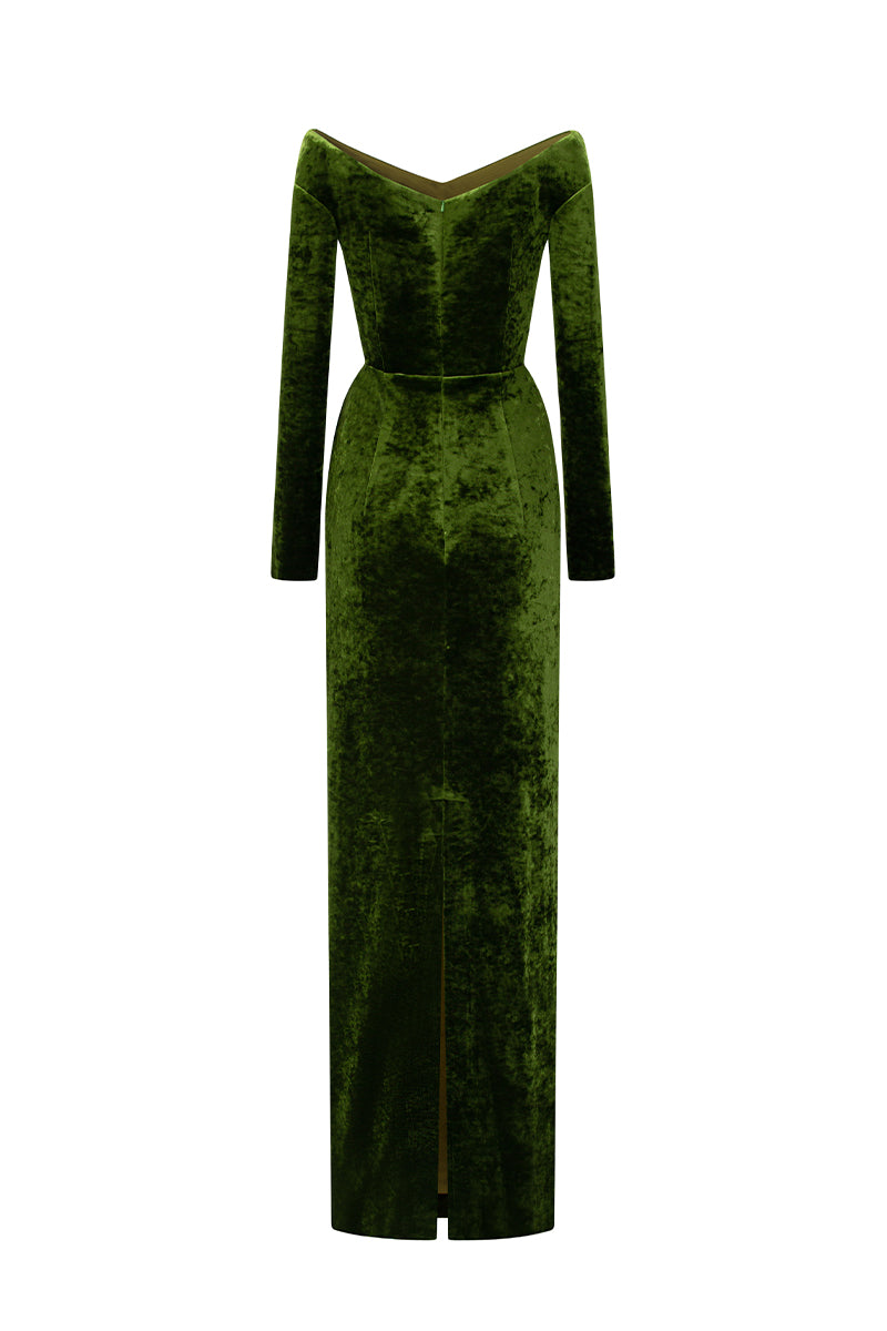 Long Sleeves Off-Shoulder Column Dress In Velvet