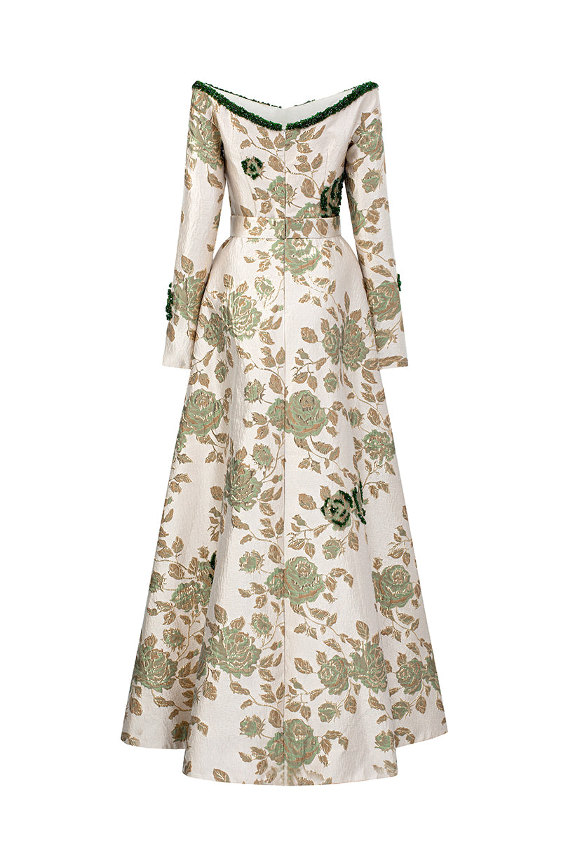 V Neck A-Line Gown With Rose-Shaped Crystal Embellishment In Green Rose Branch Brocade