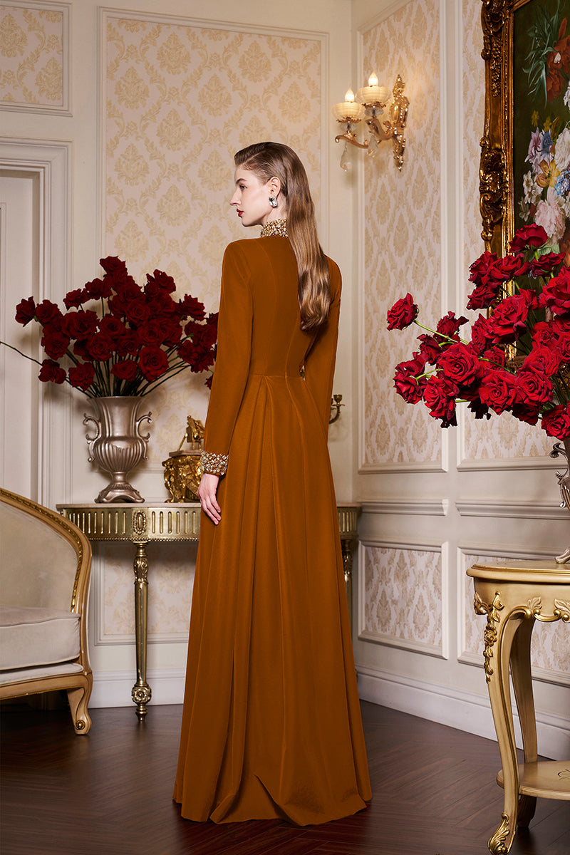 Turtleneck Collar Pleated Waist Velvet Gown
