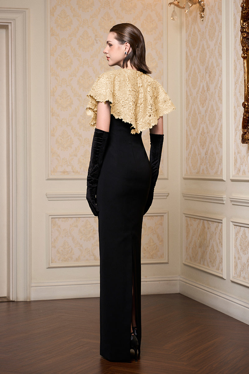 Round Neck Column Gown With Mini Cape In Beige French Lace & Black Crepe