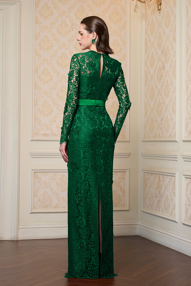 Trapeze Neck Column Gown With Long Sleeves In Dark Green French Lace