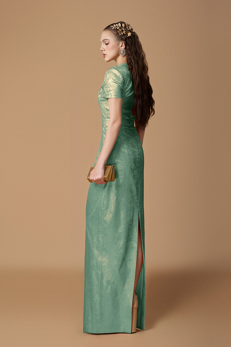 Trapeze Neck Column Gown With Short Sleeves In Metallic Silk