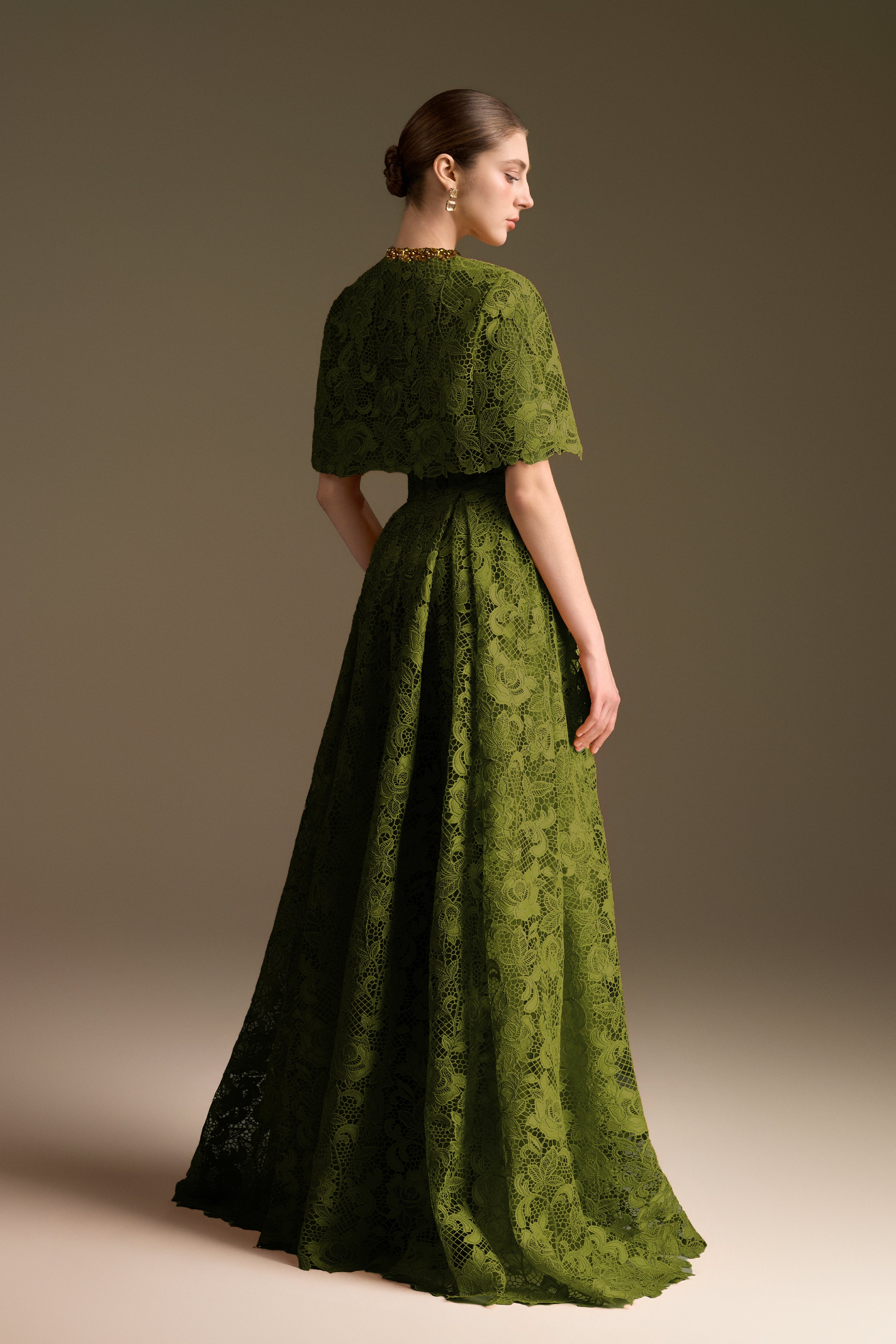 Burstier A-Line Gown With Mini Cape In Guipuire Lace