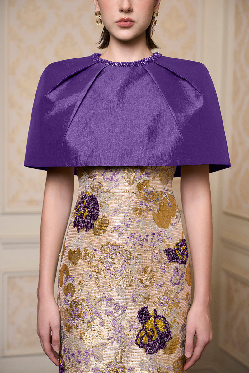 Round Neck Column Gown With Mini Cape In Dark Purple Floral Metallic Jacquard & Taffeta