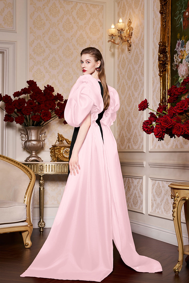 Round Neckline Scuba Gown With Draped Sleeves Organza