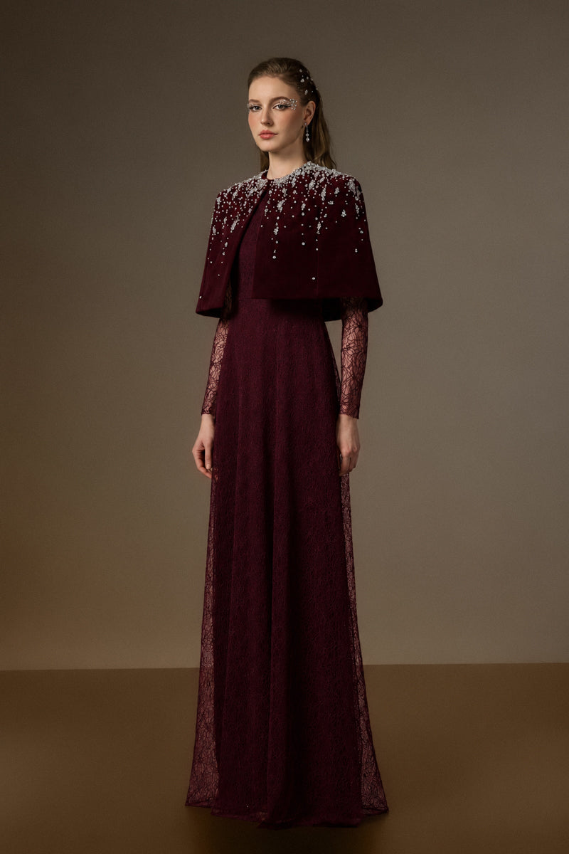 Round Neck A-Line Gown With Mini Cape In Dark Red Vine Guipure Lace & Lyon Velvet