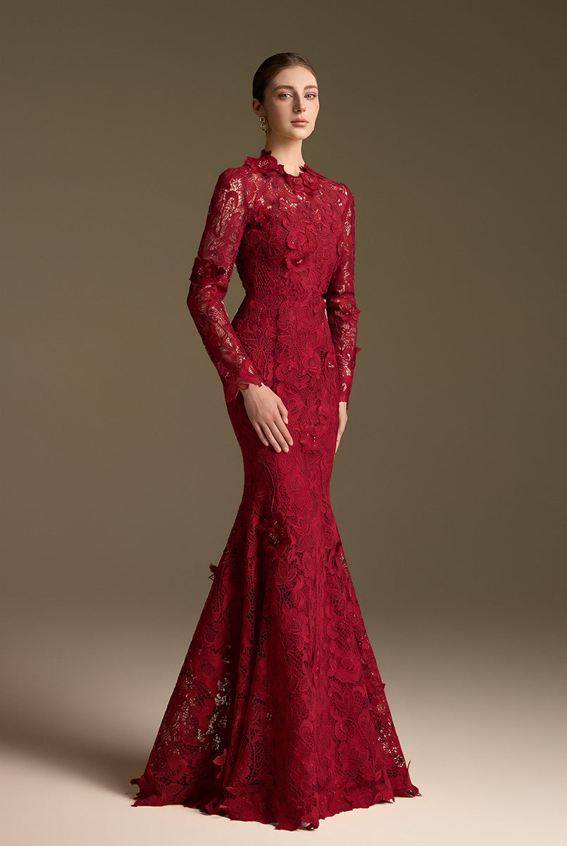 Round Neck Mermaid Gown With Long Sleeves In Red Guipure Lace