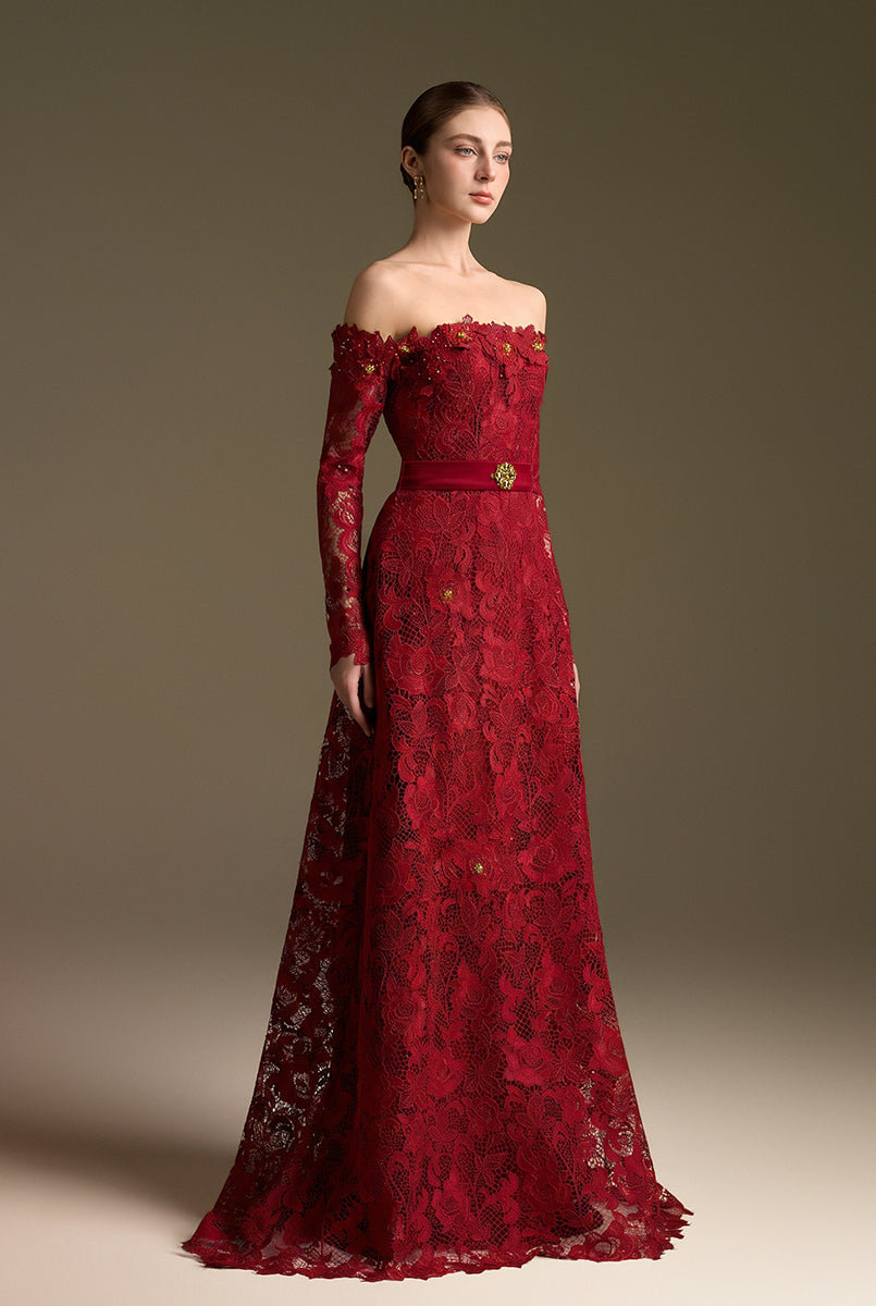 Red Long Sleeves Off-Shoulder A-Line Gown