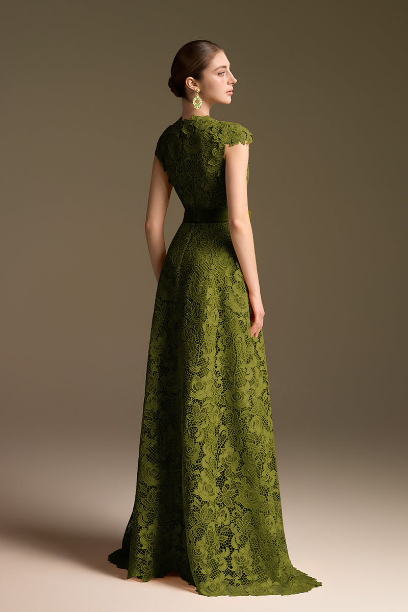 V-Neck Sleeveless A-Line Gown In Olive Guipure Lace