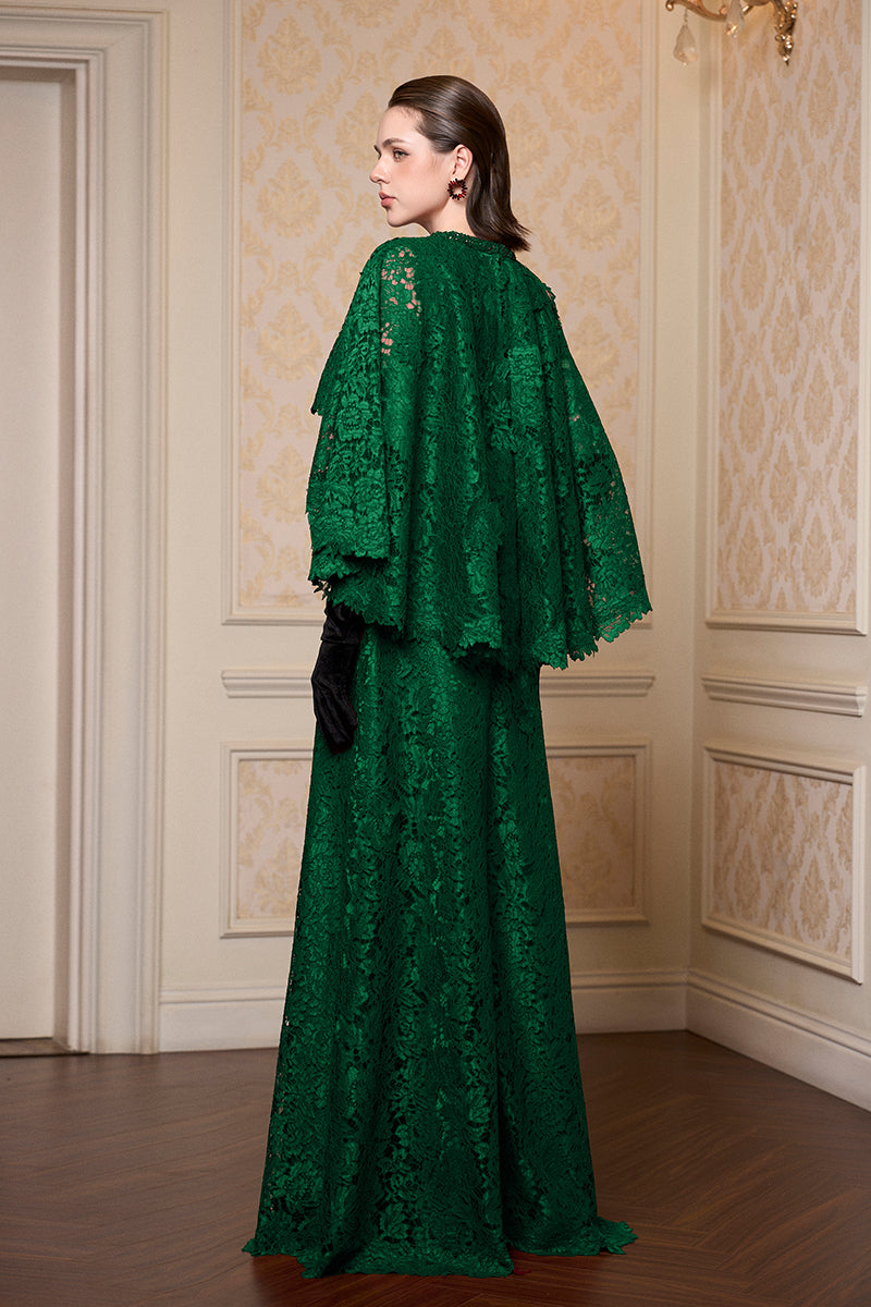 Round Neck Column A-line Gown With Mullet Cape In Dark Green French Lace