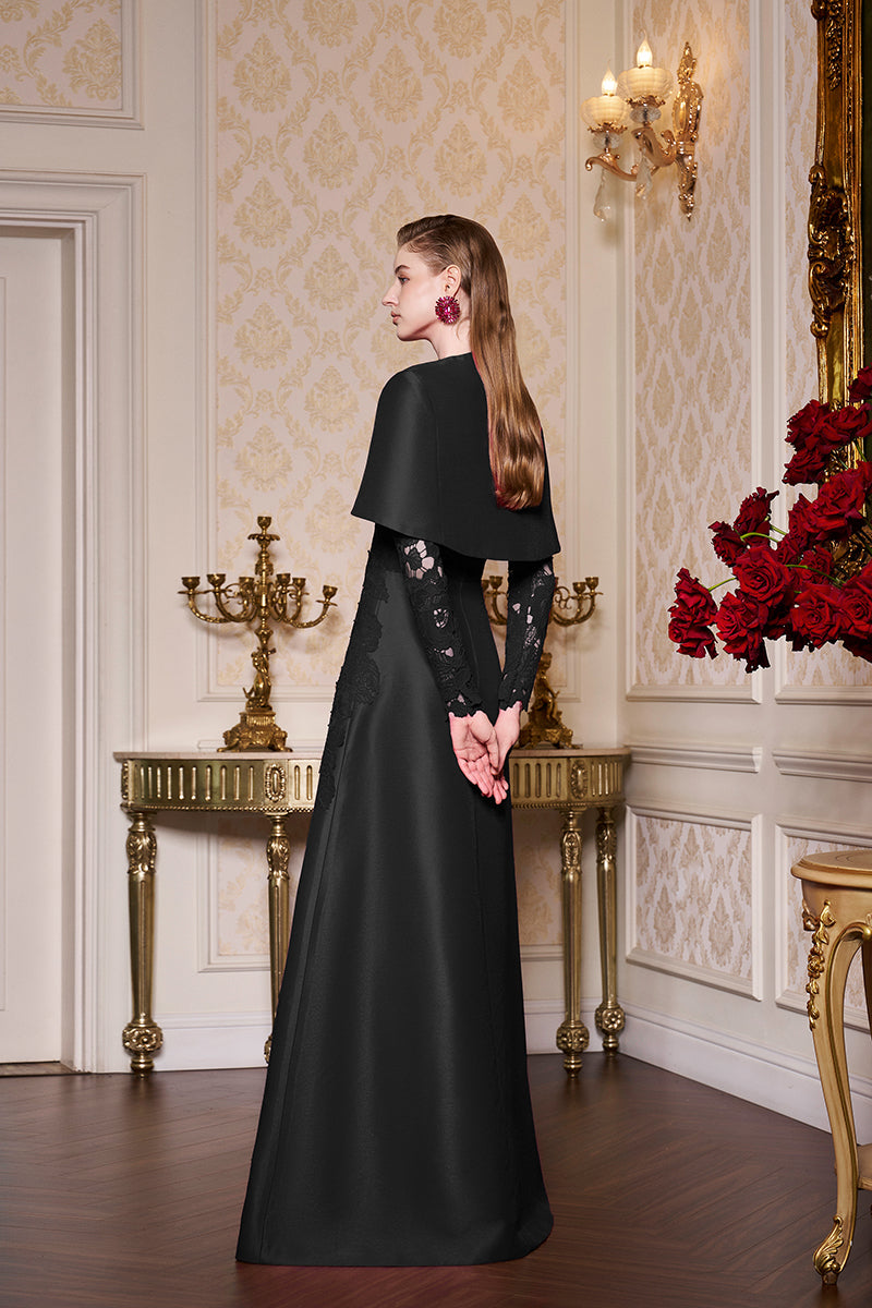 Fuchsia Lace and Taffeta Gown With Mini Cape