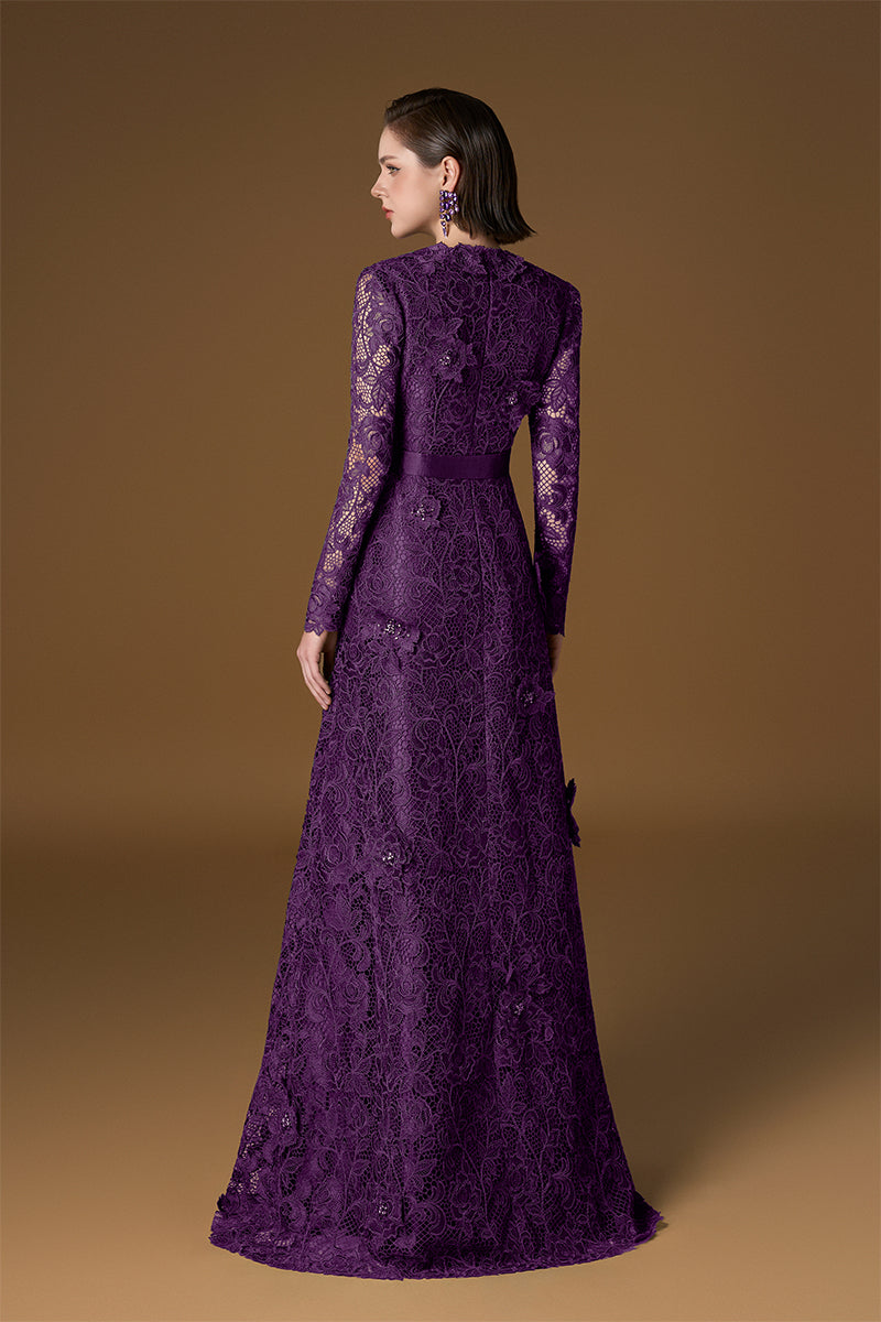 V Neck A-line Gown With Long Sleeves In Green Guipure Lace