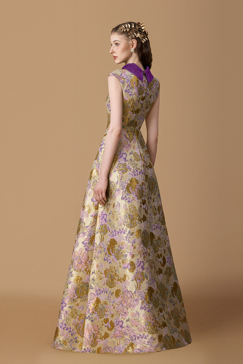 Round Neck A -line Gown With De-Constructed Collar In Green Floral Metallic Jacquard