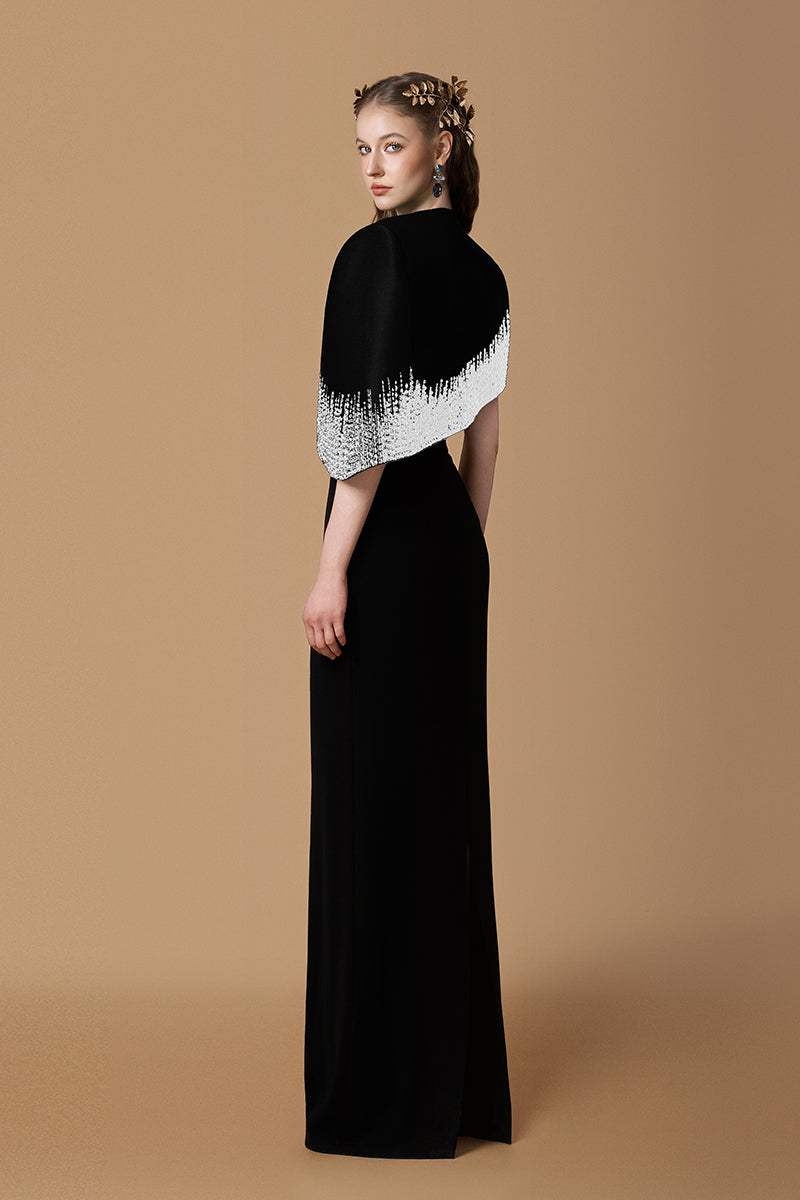 Bustier Column Gown With Mini Cape In Dark Green Taffeta & Black Crepe