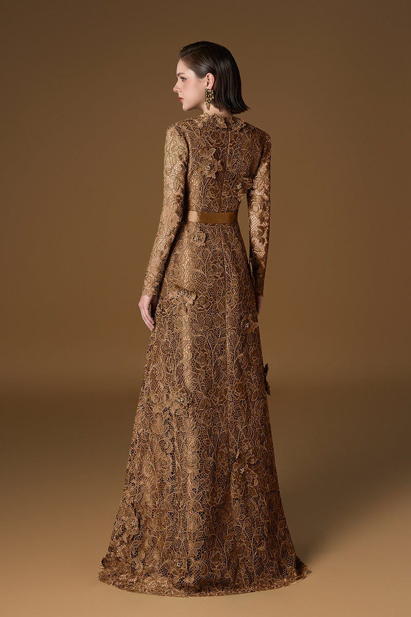 V Neck A-line Gown With Long Sleeves In Dark Gold Guipure Lace