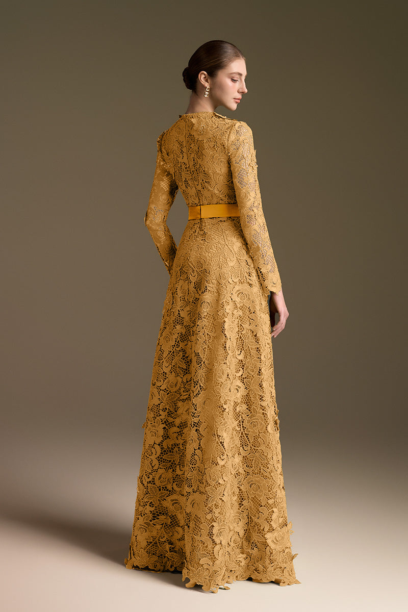 Trapeze Neck A-line Gown With Long Sleeves In Guipure Lace
