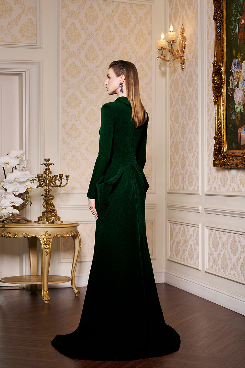 De-Constructed Collar With Draped Waist Scuba Gown