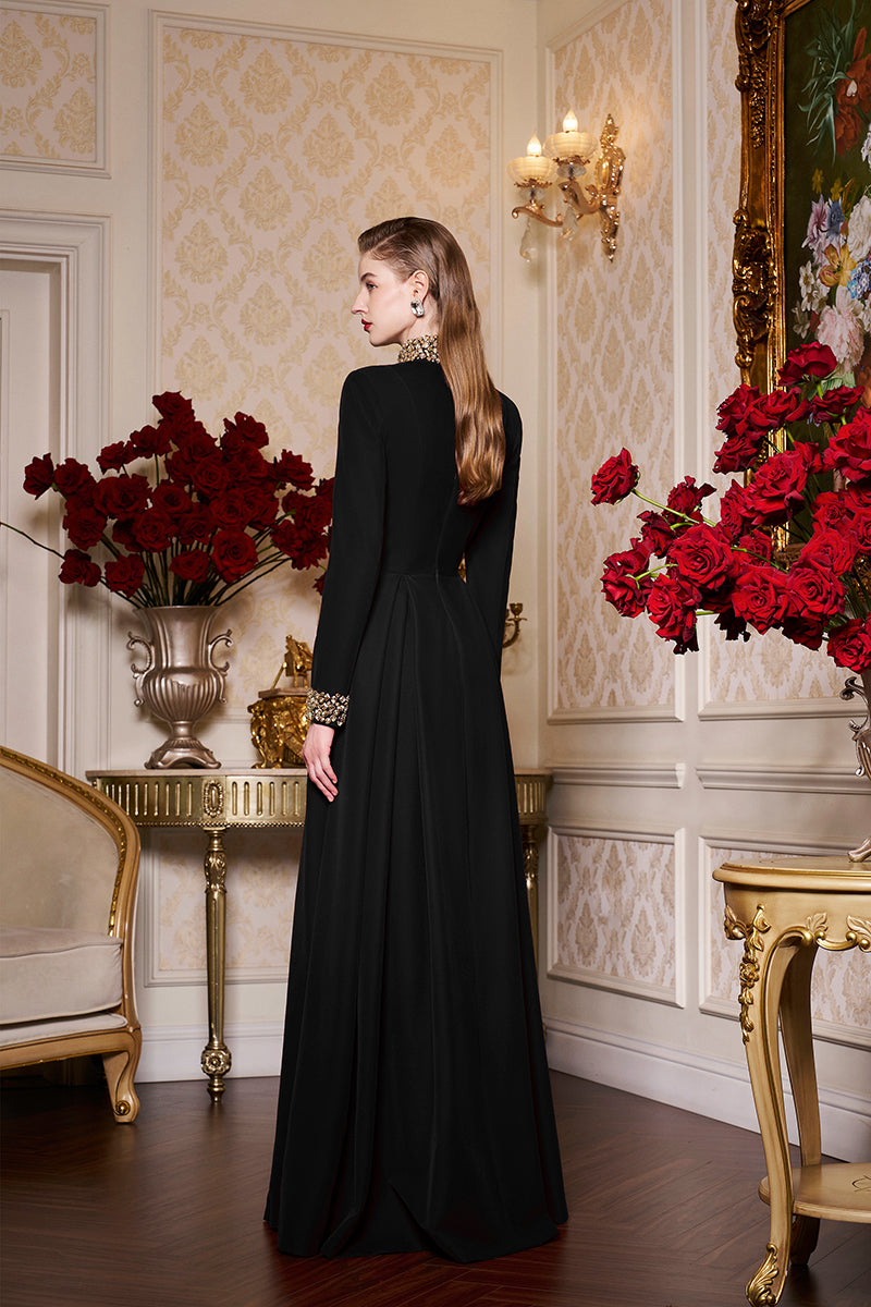 Turtleneck Collar Pleated Waist Velvet Gown