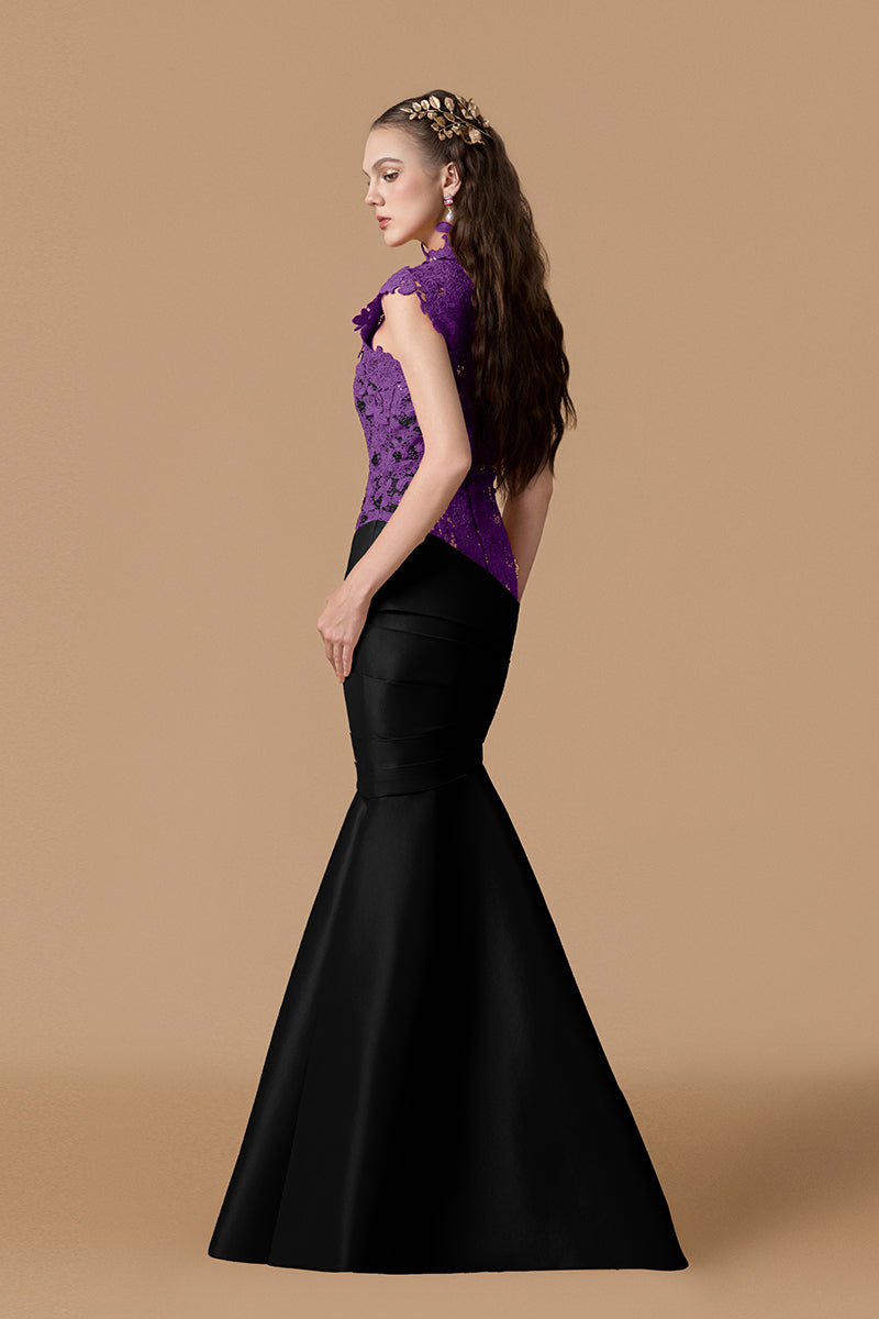 Round Neck Mermaid Gown With Pink Guipure Lace and Ivory Taffeta