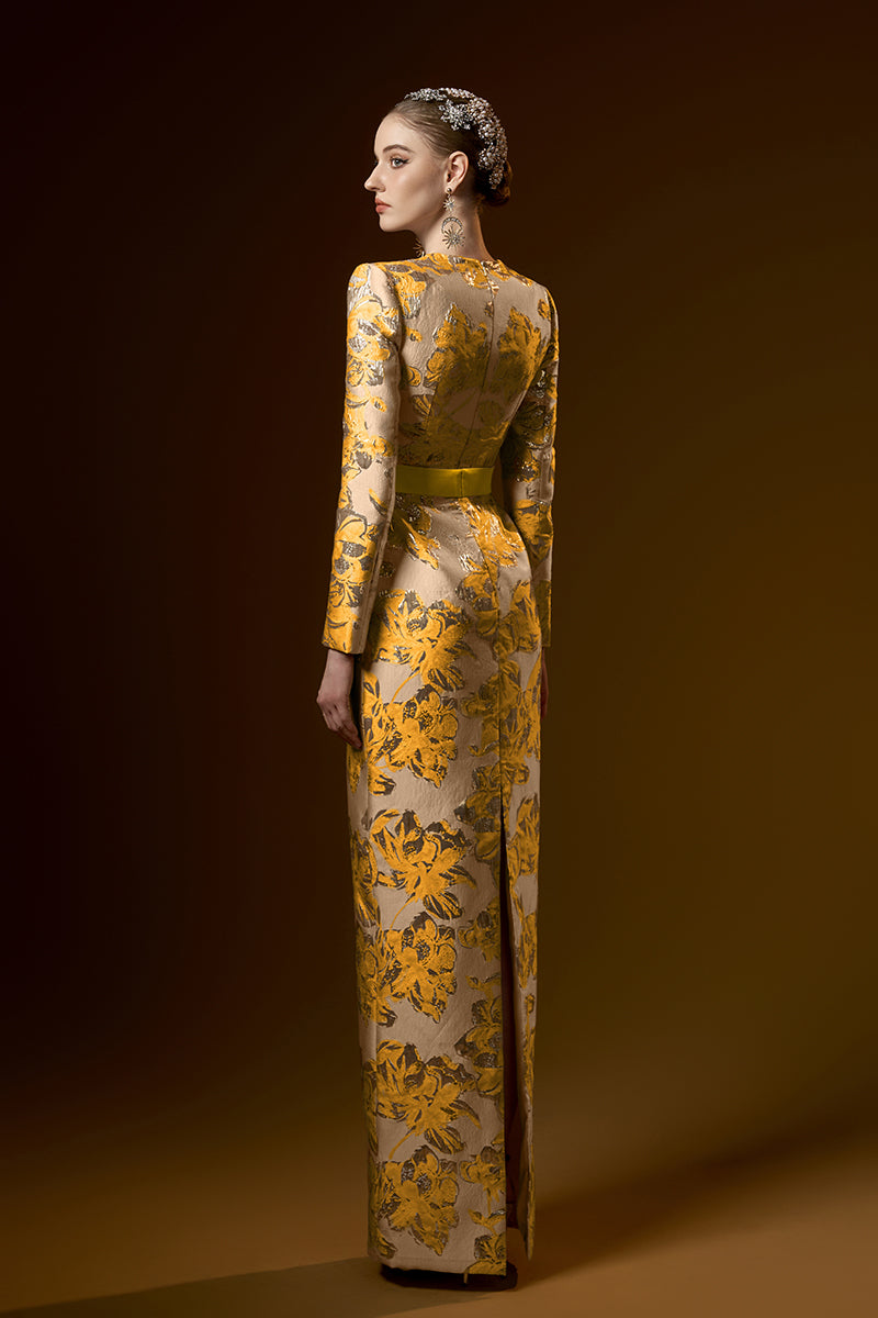 Trapeze Neck Column Gown With Long Sleeves In Jacquard